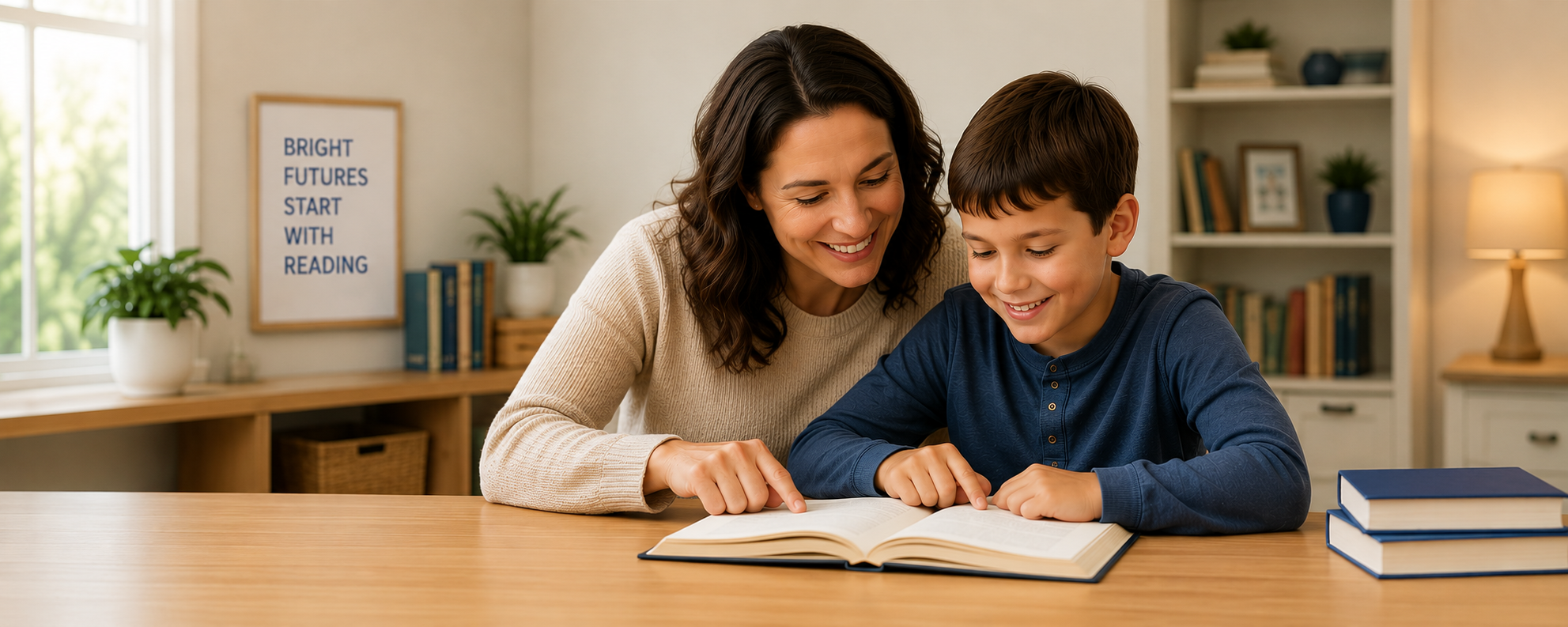 Mother providing reading support for kids at home
