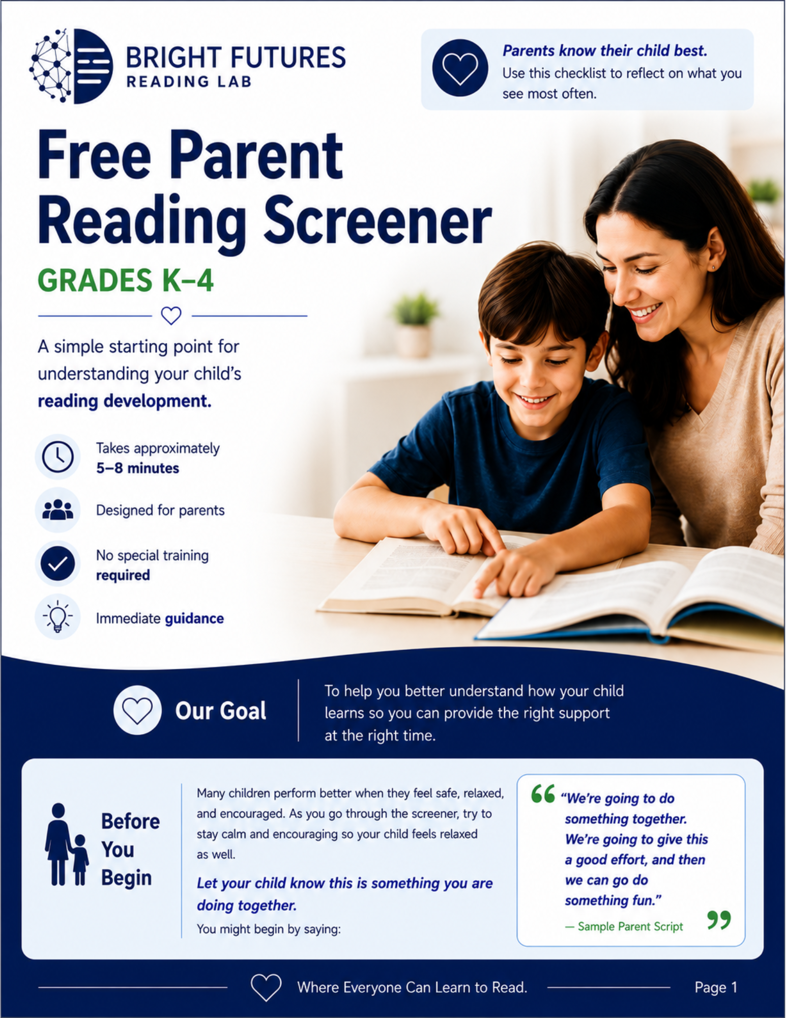 Mother and son reading together, cover of the Free Parent Reading Screener for Grades K-4